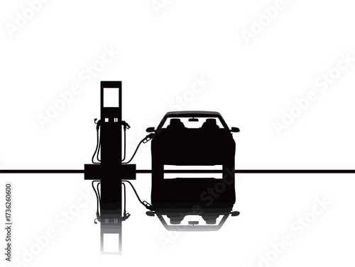 A sleek car is parked at a gas station, with fuel hoses connecting to its tank. The scene is captured in a minimalistic black and white style, highlighting reflections.