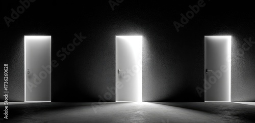 Three bright doorways in a dark room, offering choices with dramatic shadows and light