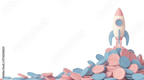 A vibrant rocket stands poised for takeoff on a mountain of blue and pink coins. The scene is set against a clean, bright background, creating a playful atmosphere.