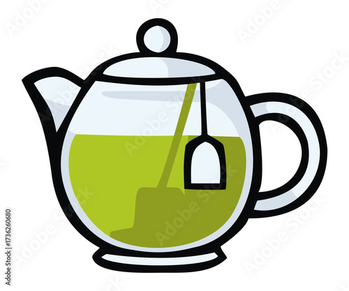 Glass teapot with green tea bag illustration. Editable color vector