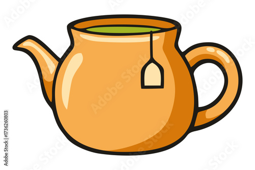 Opened clay teapot with tea bag illustration. Editable color vector
