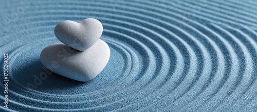 Two white heart-shaped stones stacked on textured blue sand, zen garden aesthetic