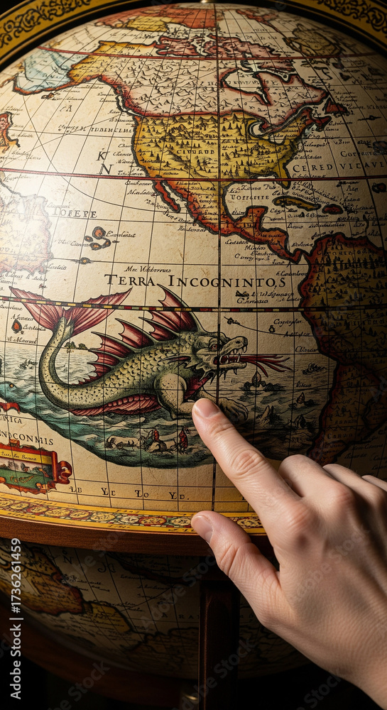 Obraz premium A Terrestrial Globe from the 16th Century, Detail of a Mythical Sea Creature on the Map