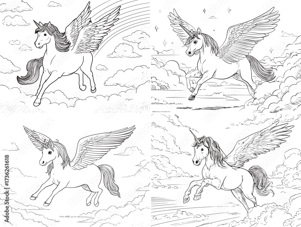 Fototapeta premium Four illustrations of winged unicorns soaring through soft clouds and vibrant skies. Each unicorn displays unique poses, highlighting their beauty and grace in flight.