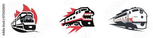 Three unique train designs display distinct styles and themes, emphasizing speed and power with bold graphics and vibrant colors, perfect for train enthusiasts.