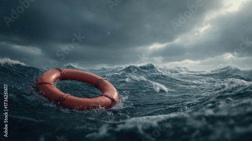 Solitary Orange Lifebuoy Adrift in Turbulent, Stormy Ocean Waves Under Dramatic, Ominous Clouds.