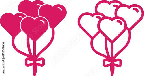 A bunch of three heart-shaped balloons tied with a bow, shown in both solid and outline pink. Celebration, romance, party, anniversary, or Valentine's Day decoration. Isolated vector icon on white.