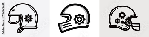 Three distinct helmet designs feature gear symbols, showcasing a blend of safety equipment and engineering themes. The variety highlights innovation in protective gear.