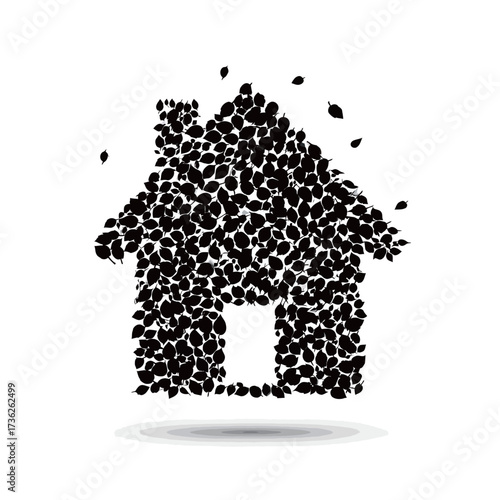 Black leaves form a house silhouette, capturing the connection between nature and home. The minimalist style emphasizes the blend of organic elements and architecture.