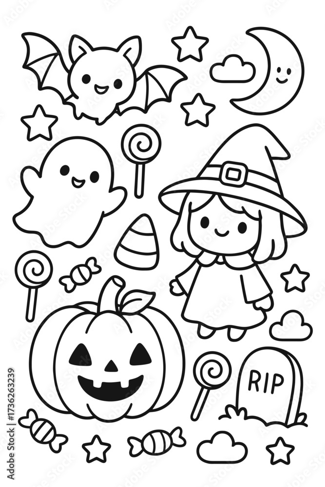 Fototapeta premium A cartoon vector illustration set of funny Halloween characters, animals, and faces for children's design