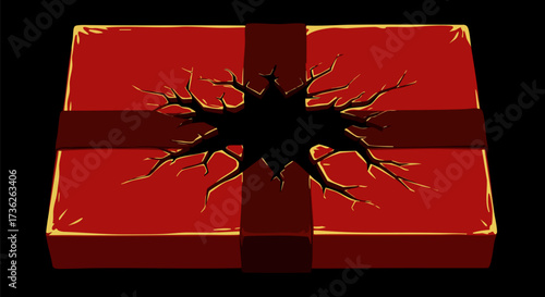 Red gift box with a dark void and cracks creating a mysterious atmosphere