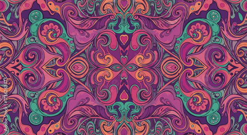 Intricate symmetrical pattern with swirling shapes in vibrant purple and teal hues