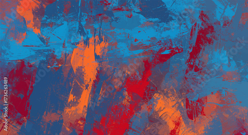 Abstract expressionist painting with bold brushstrokes in vibrant blue and orange hues