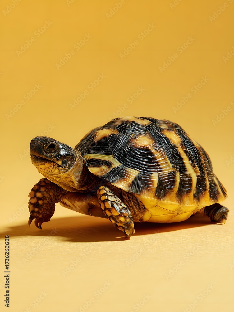 Fototapeta premium Small Vibrant Star Tortoise Walking Forward on Warm Yellow Studio Background