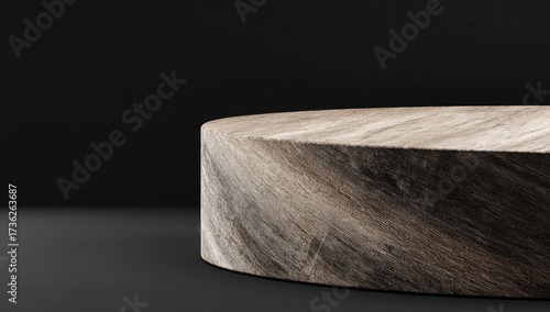 Wooden platform, black background, studio shot, minimalist aesthetic