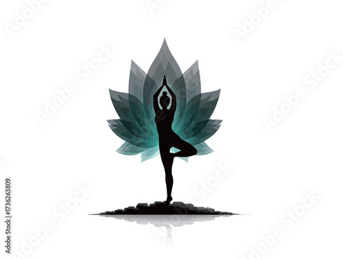 A graceful figure performs a yoga pose, silhouetted against a backdrop of stylized lotus petals in serene colors, conveying calm and balance.