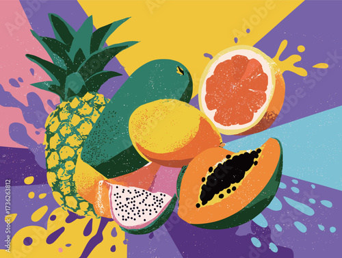 A bright assortment of tropical fruits, including pineapple, mango, dragon fruit, and papaya, arranged on a lively, colorful background, perfect for summer promotions.