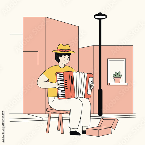 Flat style vector of a street performer playing accordion with a tip box, ideal for culture, music, lifestyle, and urban street design themes.