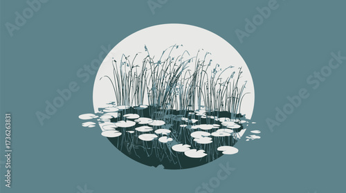 Calm water lily pond features elegant white blooms alongside tall grass. The scene captures tranquility and natures beauty at dusk, inviting peaceful contemplation.
