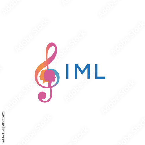 “Vibrant artistic treble clef with human profiles concept” IML Later Logo, “Creative music academy logo with silhouette heads and notes” 
