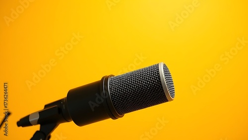 A studio microphone isolated on a bright yellow background, presented in a clean and minimalist product showcase.