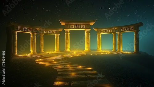 A luminous path winding through ancient gates, representing timeless wisdom and longevity.