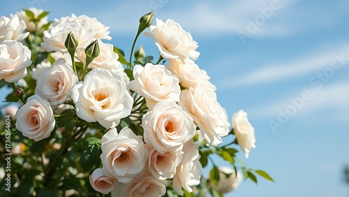 Close-up of white bush roses in full bloom against a soft blue sky, embodying spring garden beauty.