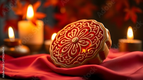 Festive mooncake with intricate patterns on silk cloth, candlelight glow, autumn foliage in blurred background.