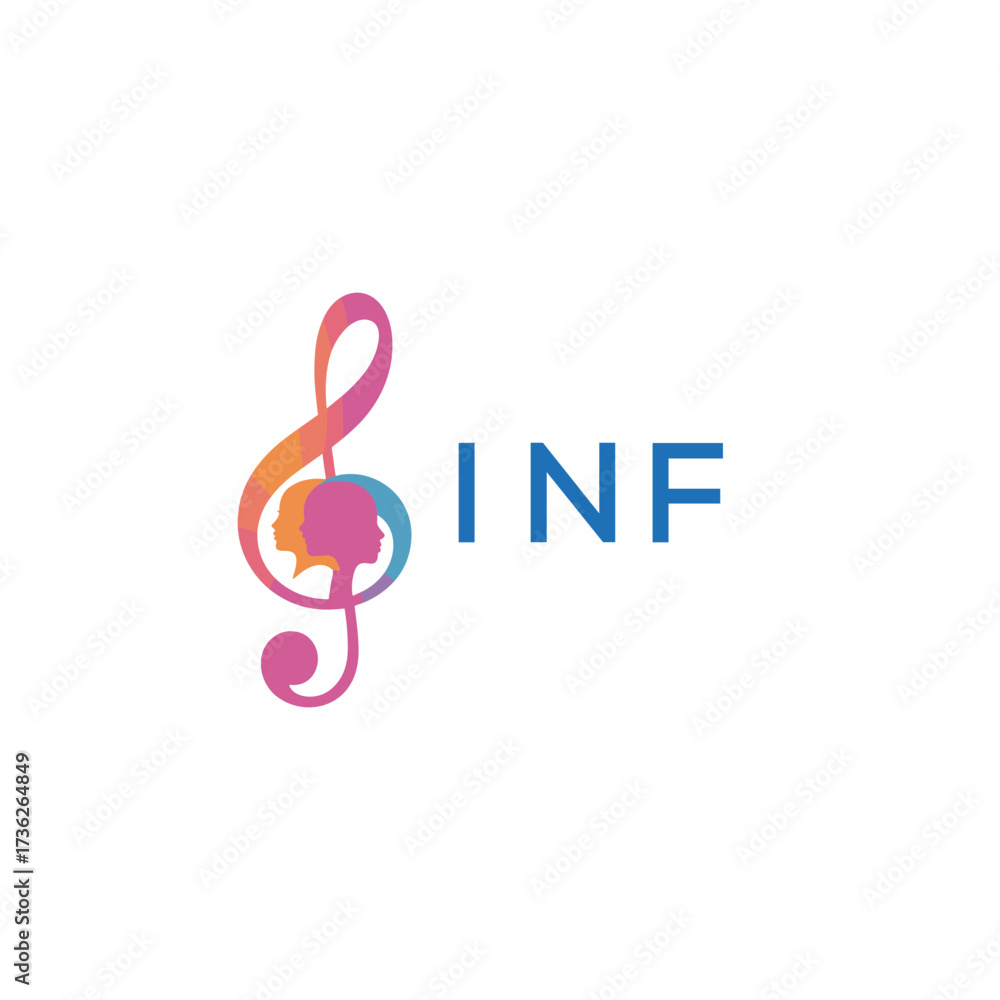 Fototapeta premium “Vibrant artistic treble clef with human profiles concept” INF Later Logo, “Creative music academy logo with silhouette heads and notes”