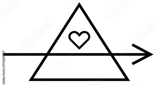 Minimalist vector line art illustration of a triangular prism with a heart symbol and an arrow line, abstract concept of love and direction.