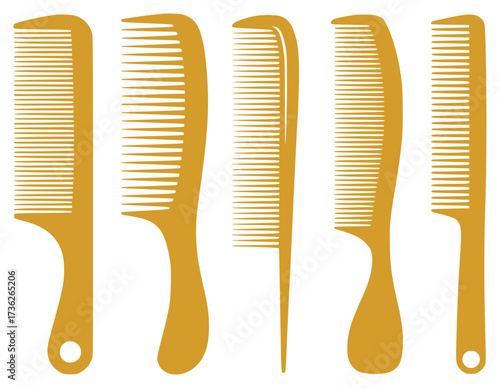 A Collection of Five Golden Combs on a White Background