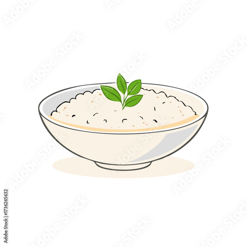 Illustrated bowl of food topped with leaves