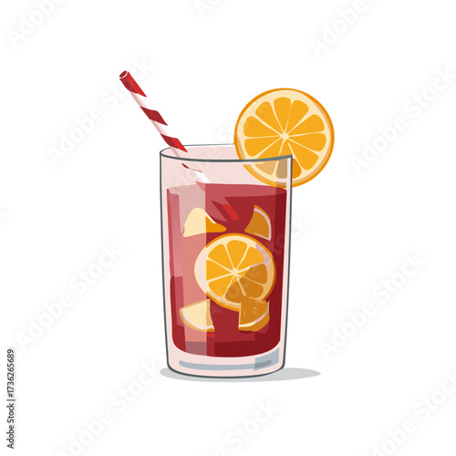 Refreshing Red Cocktail with Orange Slices and Striped Straw in Tall Glass