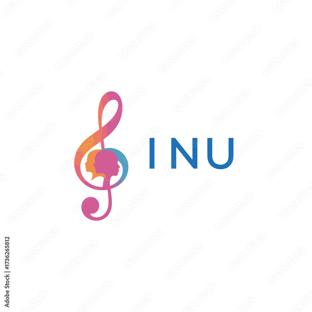 Obraz premium INU “Creative music logo with human silhouettes and treble clef in gradient colors, INU Later Logo, modern artistic design isolated on white background”
