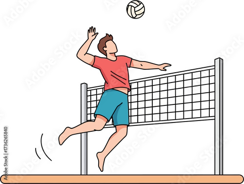 Illustration of a man jumping to hit a volleyball over a net with dynamic motion lines.
