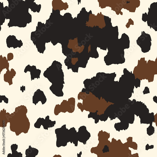 Cow seamless pattern. Vector animal skin print, cute black and brown spots on beige background. Natural spotted texture for textile, fabric, dairy farm decor, wrapping paper, wallpaper, backdrop.