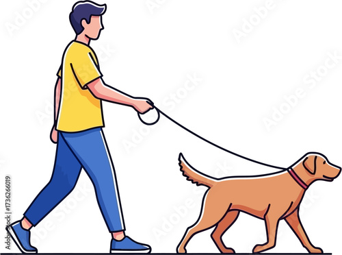 Man walking a brown dog on a leash in a simple illustration