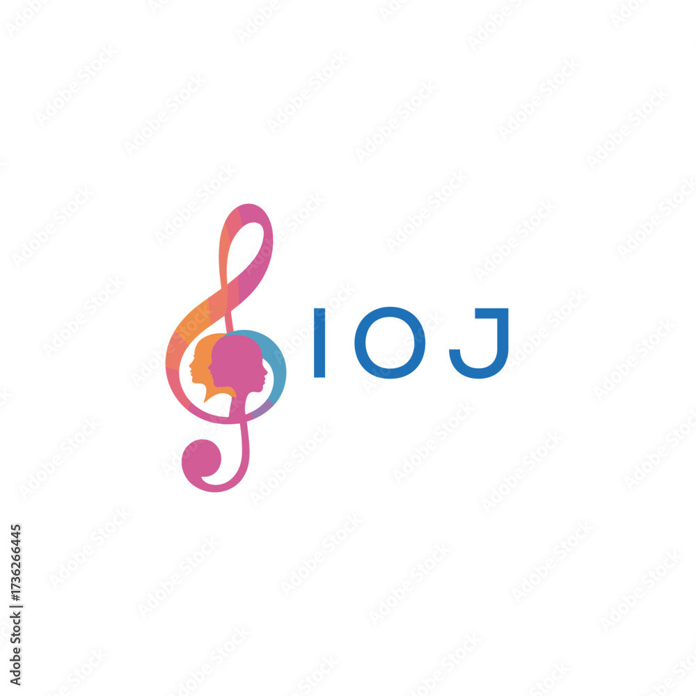 Obraz premium IOJ “Creative music logo with human silhouettes and treble clef in gradient colors, IOJ Later Logo, modern artistic design isolated on white background”IOJ music logo, IOJ treble clef, human IOJ si