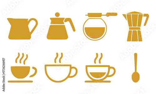 Collection of Golden Coffee Icons Pots, Cups, and Spoon