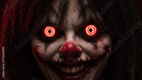 Close-up of a terrifying clown with glowing red eyes, showcasing a sinister expression.