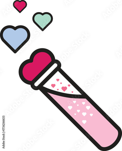 Vector illustration of a test tube filled with pink hearts and colorful hearts floating out. Concept of love experiment, romantic chemistry, Valentine science design.