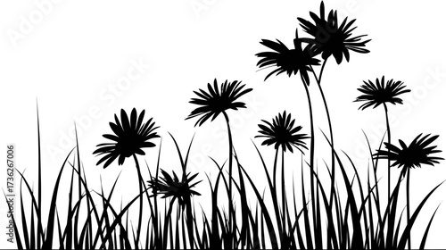 Black silhouette of wildflowers and grass, a nature vector illustration depicting a spring meadow. Floral botanical design element.