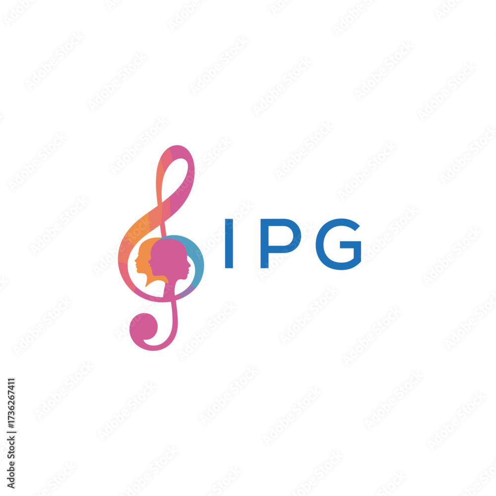 Fototapeta premium IPG “Creative music logo with human silhouettes and treble clef in gradient colors, IPG Later Logo, modern artistic design isolated on white background”IPG music logo, IPG treble clef, human IPG si