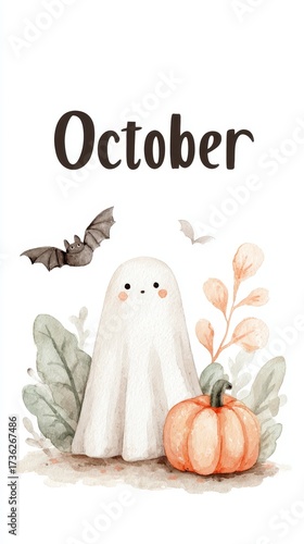 Cute ghost with pumpkin and bats in autumn scene for october festivities