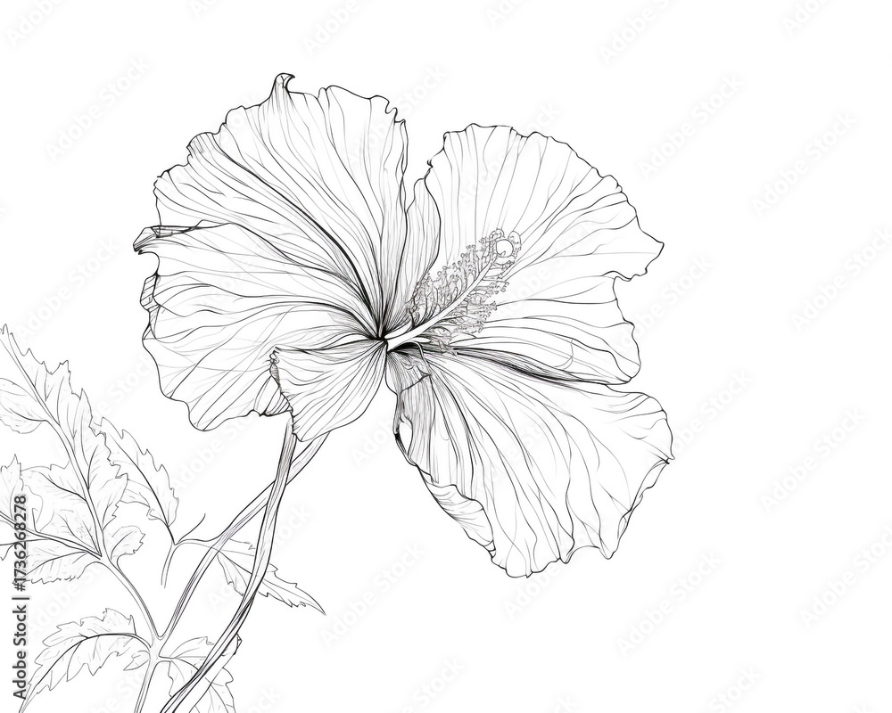 Fototapeta premium Detailed black and white line drawing of a hibiscus flower with intricate petal and leaf details isolated on white background, showcasing botanical art
