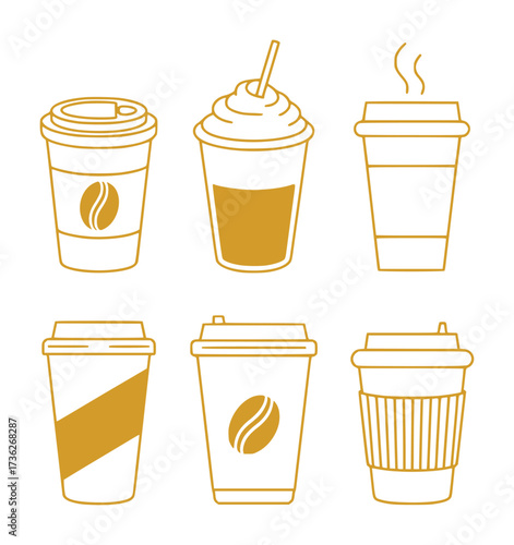Collection of stylized coffee cups with various designs and toppings