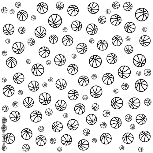 "An illustration featuring a dense, random pattern of orange basketballs of varying sizes