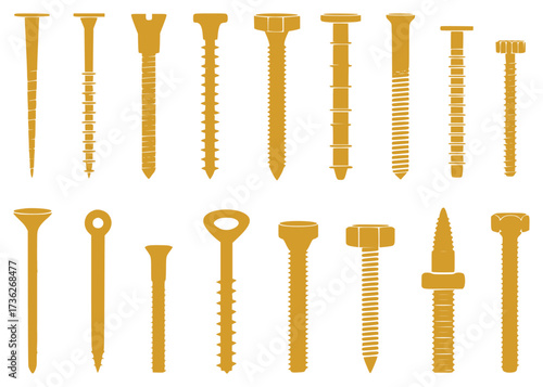 Collection of Various Gold Screws and Fasteners on White Background