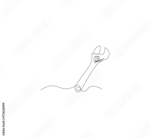 One continuous line drawing of a wrench tool. White background. Downloadable construction logo symbol. Wrench outline vector illustration. Editable stroke.