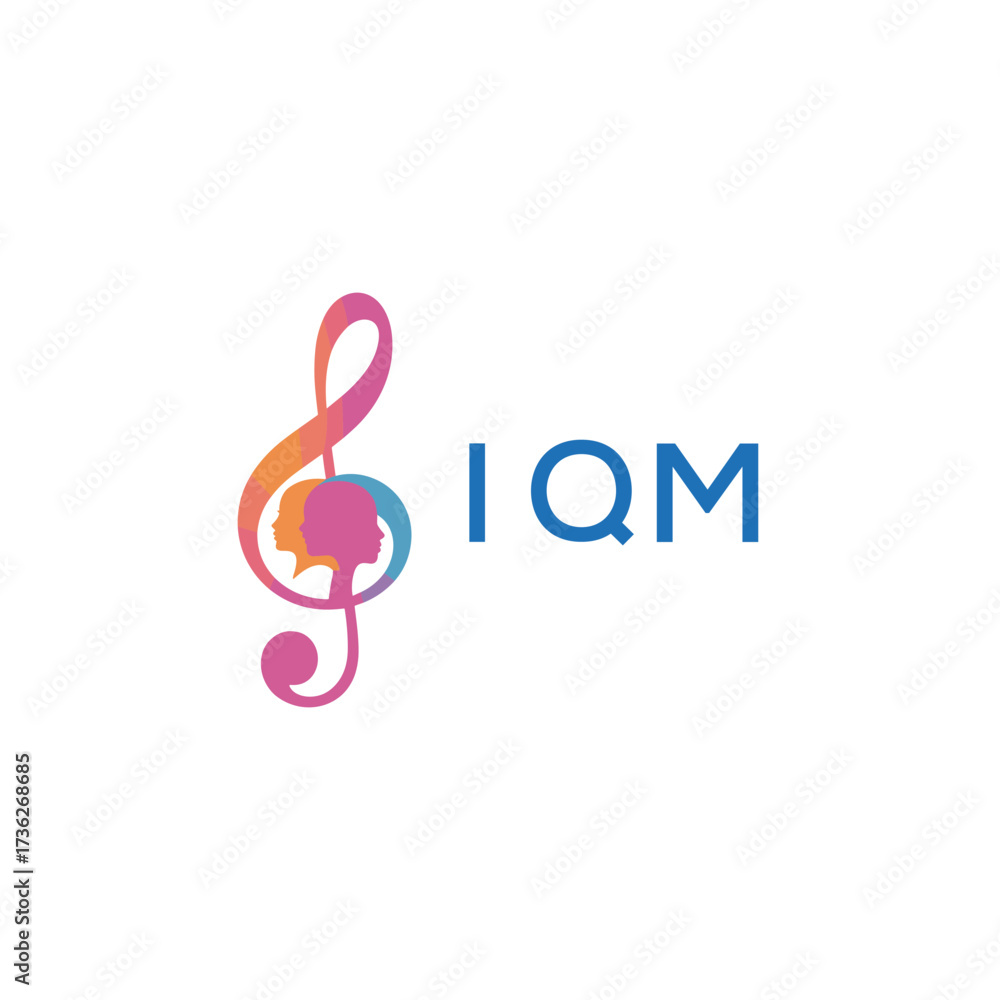 Naklejka premium IQM “Creative music logo with human silhouettes and treble clef in gradient colors, IQM Later Logo, modern artistic design isolated on white background” 